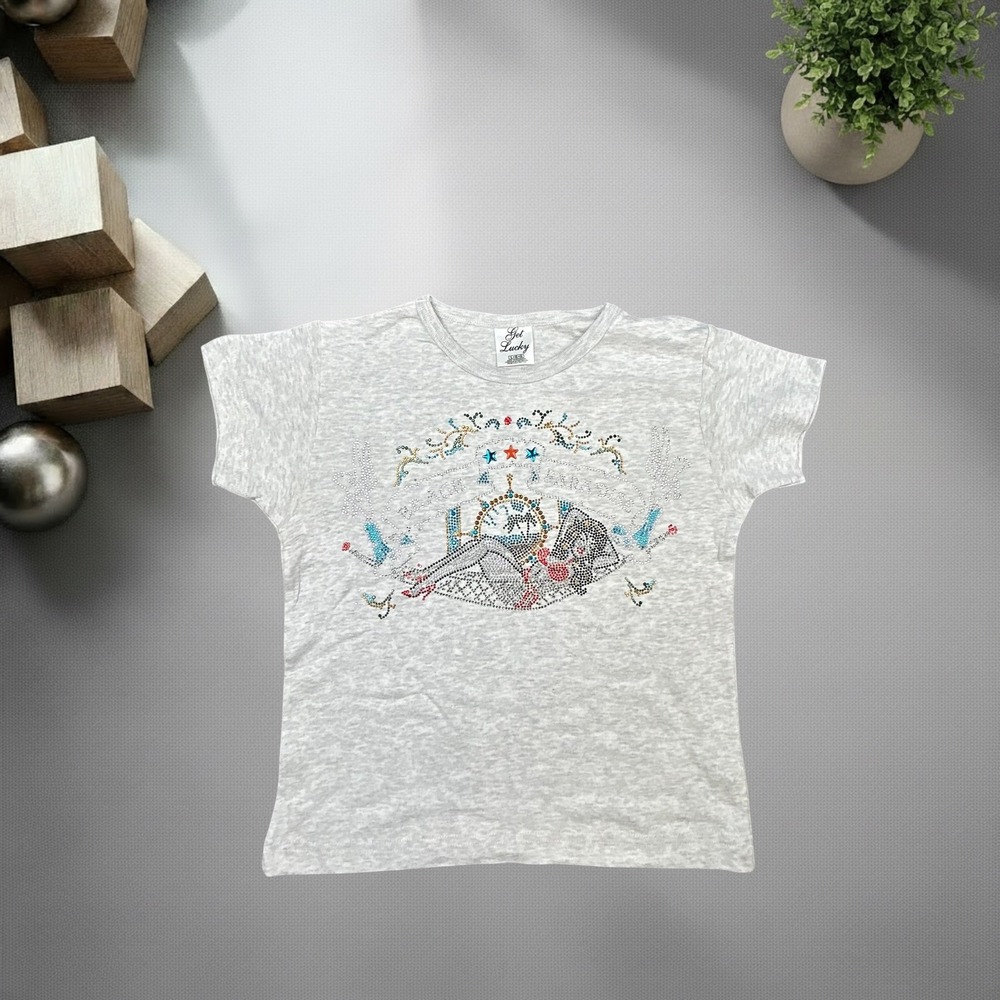 Vintage Get Lucky Rhinestone Pinup Beach Paradise Baby Tee Grey Y2K Large